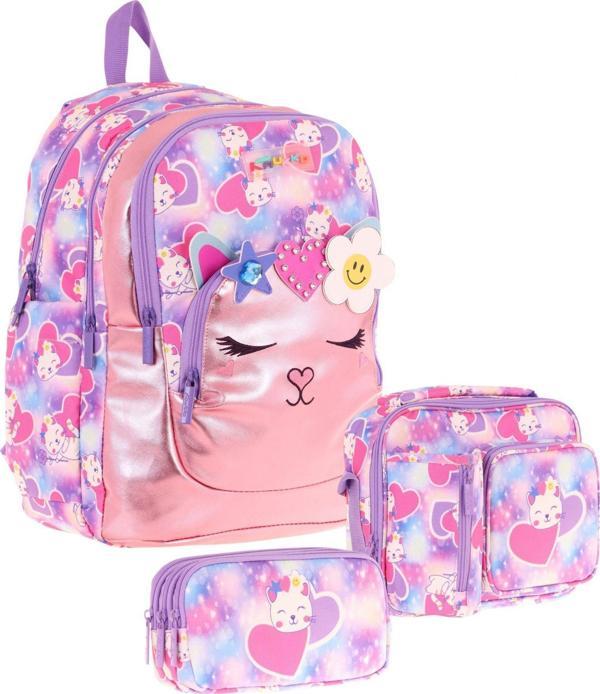 Kaukko Kids Kedi Şekilli (Pembe Mor) Kız Çocuk Üçlü İlkokul Okul Çantası Seti - Image 1
