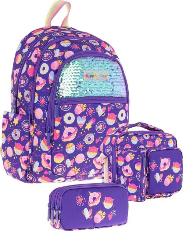 Kaukko Kids Kız Çocuk - Mor Pullu Şekerleme Desenli - Okul Çanta Seti (Sırt Çantası+Beslenme Çantası+Kalemlik) - Image 1