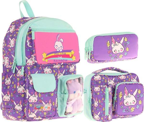 Kaukko Kids Kız Çocuk İlkokul Okul Çantası Seti - Peluş Tavşanlı - Mor Yeşil (L5242+L7242+L8242) - Image 1