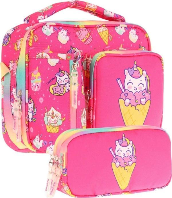 Kaukko Kids Kız Çocuk Kırmızı Dondurma Desenli Üç Bölmeli Thermo Beslenme Çantası ve Kalemlik Seti (L7227+L8227) - Image 1