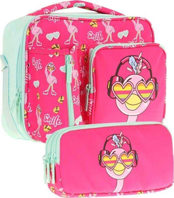 Kaukko Kids Kız Çocuk Kırmızı Yeşil Flamingo Desenli Üç Bölmeli Thermo Beslenme Çantası ve Kalemlik Seti (L7235+L8235) - Image 1
