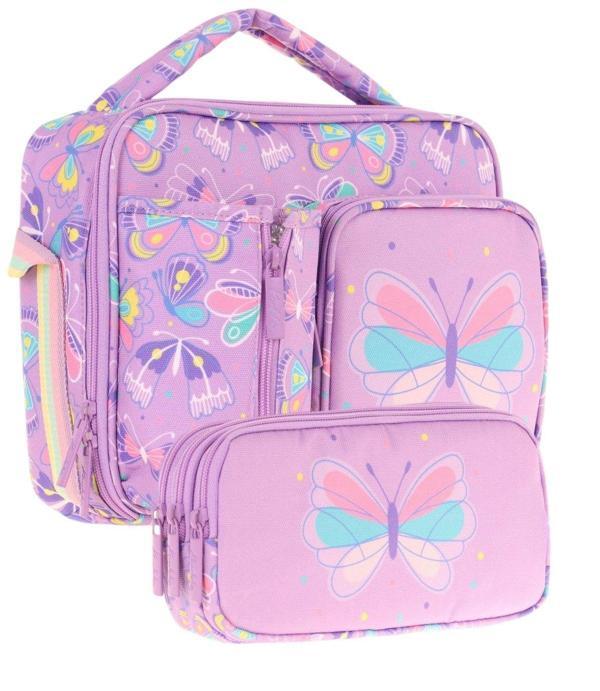 Kaukko Kids Kız Çocuk Lila Kelebek Desenli Üç Bölmeli Thermo Beslenme Çantası ve Kalemlik Seti (L7222+L8222) - Image 1