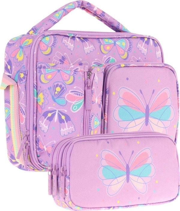 Kaukko Kids Kız Çocuk Lila Kelebek Desenli Üç Bölmeli Thermo Beslenme Çantası ve Kalemlik Seti (L7222+L8222) - Image 1