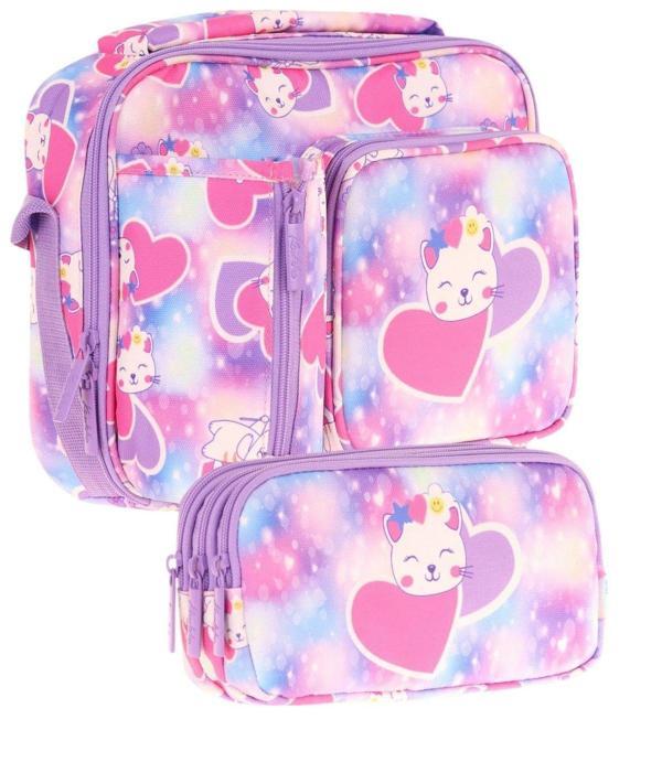 Kaukko Kids Kız Çocuk Lila Pembe Kalpli Kedi Baskılı Üç Bölmeli Thermo Beslenme Çantası ve Kalemlik Seti (L7219+L8219) - Image 1