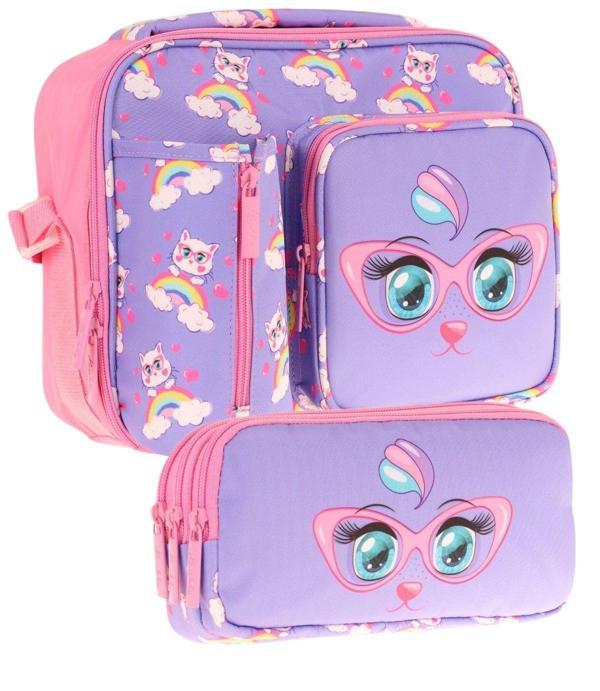 Kaukko Kids Kız Çocuk Lila Pembe Kedi Baskılı Üç Bölmeli Thermo Beslenme Çantası ve Kalemlik Seti (L7236+L8236) - Image 1