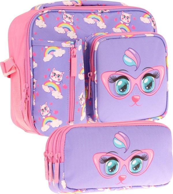 Kaukko Kids Kız Çocuk Lila Pembe Kedi Baskılı Üç Bölmeli Thermo Beslenme Çantası ve Kalemlik Seti (L7236+L8236) - Image 1