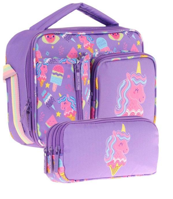 Kaukko Kids Kız Çocuk Lila Pembe Unicorn Desenli Üç Bölmeli Thermo Beslenme Çantası ve Kalemlik Seti (L7224+L8224) - Image 1