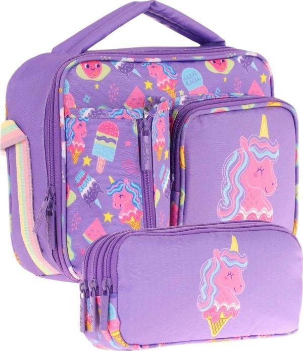 Kaukko Kids Kız Çocuk Lila Pembe Unicorn Desenli Üç Bölmeli Thermo Beslenme Çantası ve Kalemlik Seti (L7224+L8224) - Image 1
