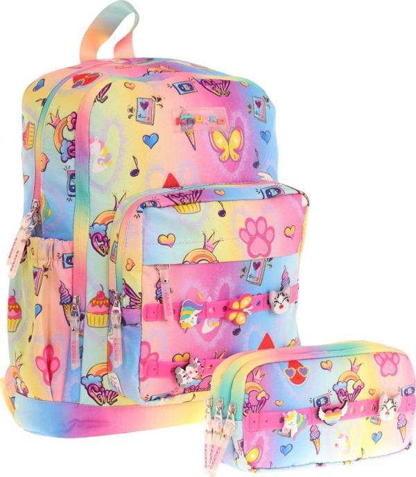 Kaukko Kids Kız Çocuk Mavi Sarı Okul Çantası ve Üç Bölmeli Kalemlik Seti - Silikon Aksesuarlı - Image 1