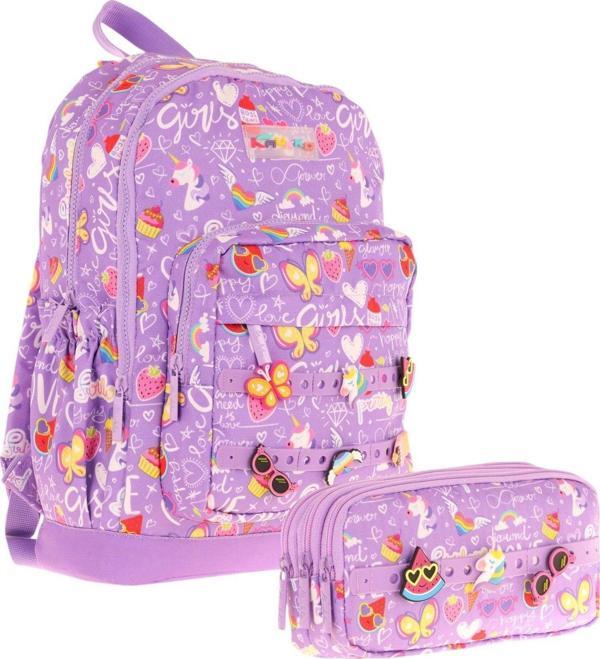 Kaukko Kids Kız Çocuk Mor Okul Çantası ve Üç Bölmeli Kalemlik Seti - Silikon Aksesuarlı - Image 1