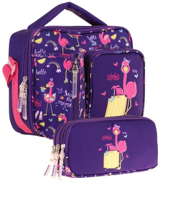 Kaukko Kids Kız Çocuk Mor Pembe Flamingo Baskılı Üç Bölmeli Thermo Beslenme Çantası ve Kalemlik Seti (L7223+L8223) - Image 1