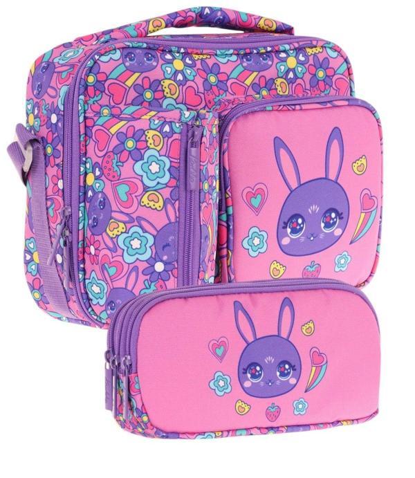 Kaukko Kids Kız Çocuk Mor Pembe Tavşan Baskılı Üç Bölmeli Thermo Beslenme Çantası ve Kalemlik Seti (L7220+L8220) - Image 1