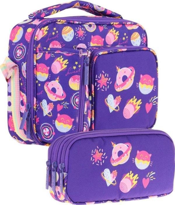 Kaukko Kids Kız Çocuk Mor Şekerlemeler Üç Bölmeli Thermo Beslenme Çantası ve Kalemlik Seti (L7216+L8216) - Image 1