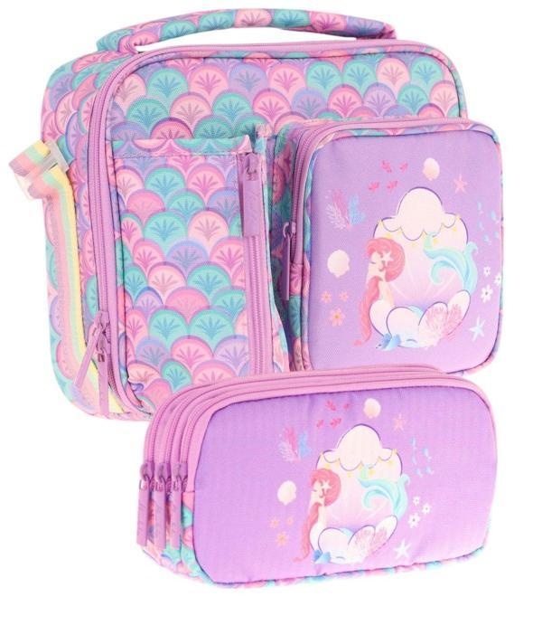 Kaukko Kids Kız Çocuk Mor Yeşil Denizkızı Üç Bölmeli Thermo Beslenme Çantası ve Kalemlik Seti (L7225+L8225) - Image 1
