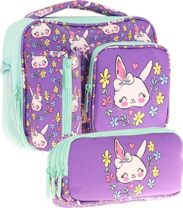 Kaukko Kids Kız Çocuk Mor Yeşil Tavşan Desenli Üç Bölmeli Thermo Beslenme Çantası ve Kalemlik Seti (L7242+L8242) - Image 1
