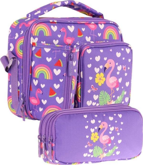 Kaukko Kids Kız Çocuk Pembe Mor Flamingo Üç Bölmeli Thermo Beslenme Çantası ve Kalemlik Seti (L7226+L8226) - Image 1