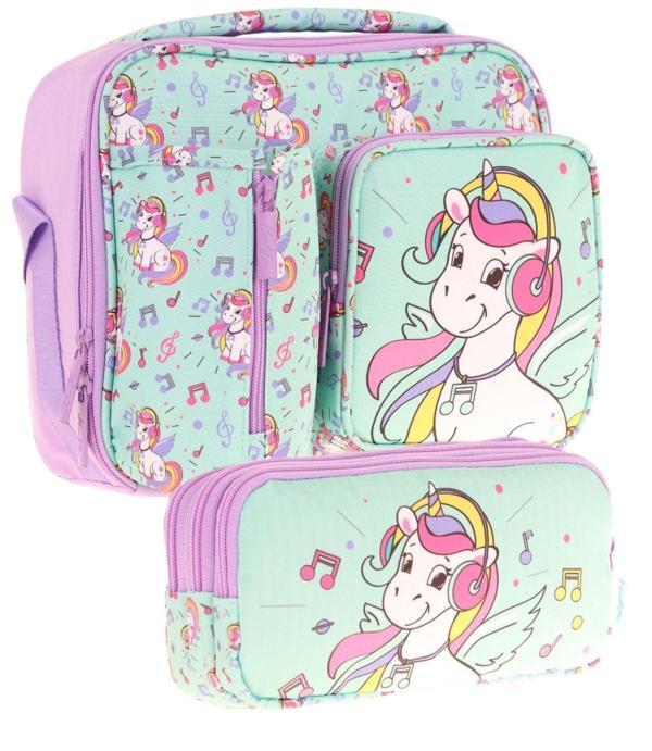 Kaukko Kids Kız Çocuk Turkuaz Unicorn Baskılı Üç Bölmeli Thermo Beslenme Çantası ve Kalemlik Seti (L7234+L8234) - Image 1