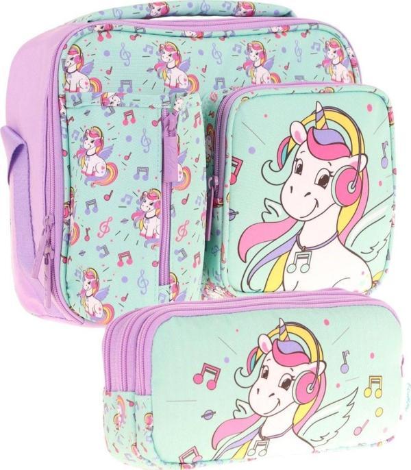 Kaukko Kids Kız Çocuk Turkuaz Unicorn Baskılı Üç Bölmeli Thermo Beslenme Çantası ve Kalemlik Seti (L7234+L8234) - Image 1