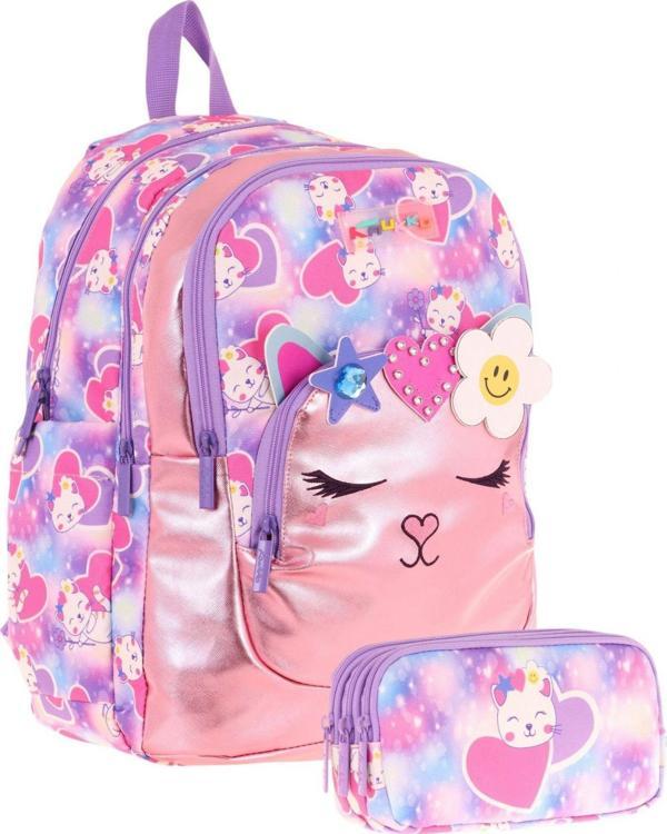 Kaukko Kids Kız Çocuklar İçin Sırt Çantası ve Kalemlik Seti - Kedi Şekilli - Pembe Mor - (L5219+L8219) - Image 1