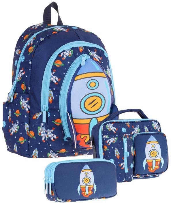 Kaukko Kids Kız Çocuklara Özel (Lacivert - Roket Detaylı) Üçlü Okul Çantası Seti - Image 1
