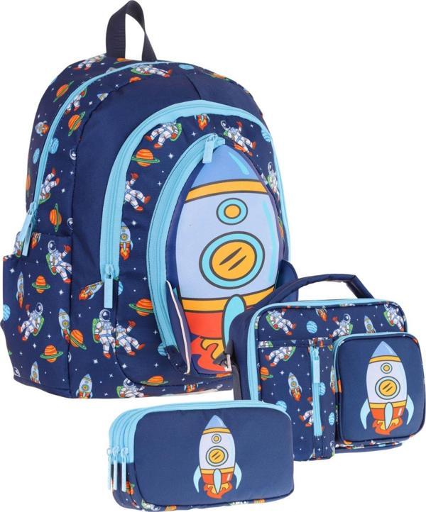 Kaukko Kids Kız Çocuklara Özel (Lacivert - Roket Detaylı) Üçlü Okul Çantası Seti - Image 1
