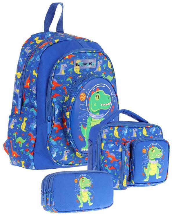 Kaukko Kids Kız Çocuklara Özel (Mavi Yeşil - 3D Dinazor Detaylı) Üçlü Okul Çantası Seti - Image 1