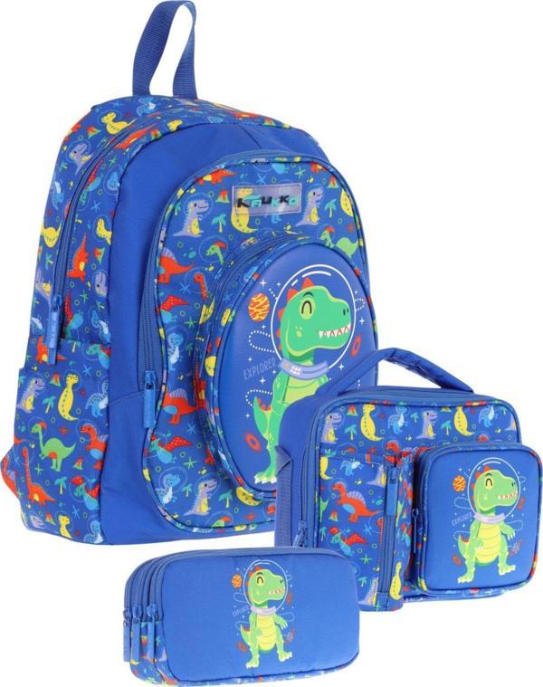 Kaukko Kids Kız Çocuklara Özel (Mavi Yeşil - 3D Dinazor Detaylı) Üçlü Okul Çantası Seti - Image 1