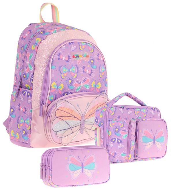 Kaukko Kids Kız Çocuklara Özel (Mor - Nakışlı Kelebek Desenli) Üçlü Okul Çantası Seti - Image 1