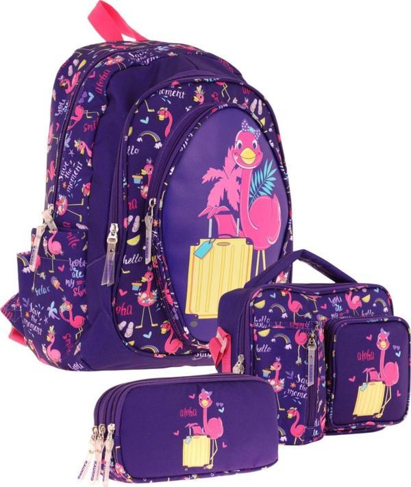 Kaukko Kids Kız Çocuklara Özel (Mor Pembe - Flamingo Detaylı) Üçlü Okul Çantası Seti - Image 1