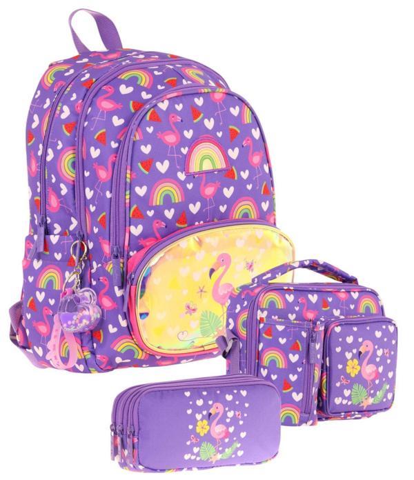 Kaukko Kids Kız Çocuklara Özel (Mor Pembe - Flamingo Nakışlı ve Baskılı) Üçlü Okul Çantası Seti - Image 1