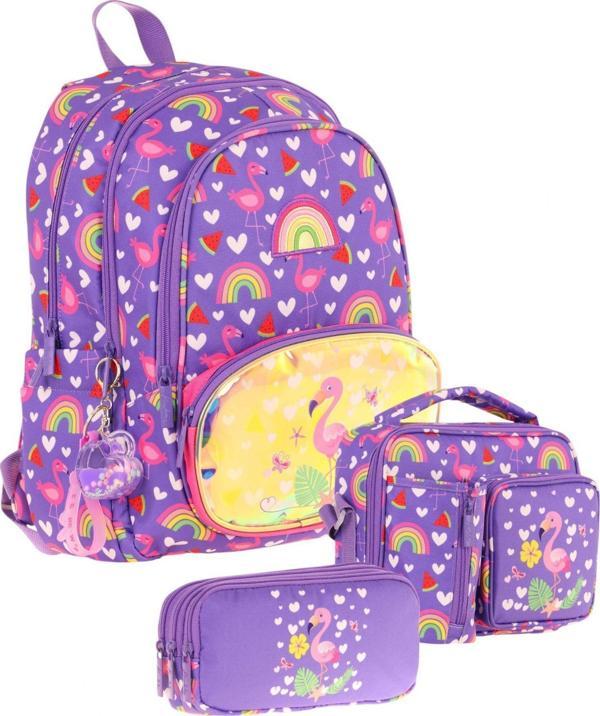 Kaukko Kids Kız Çocuklara Özel (Mor Pembe - Flamingo Nakışlı ve Baskılı) Üçlü Okul Çantası Seti - Image 1
