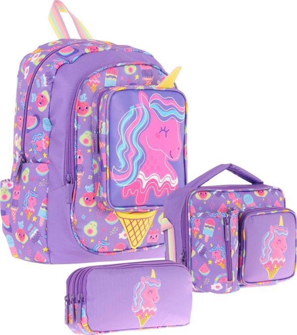 Kaukko Kids Kız Çocuklara Özel (Mor Sarı - Unicorn Detaylı) Üçlü Okul Çantası Seti - Image 1