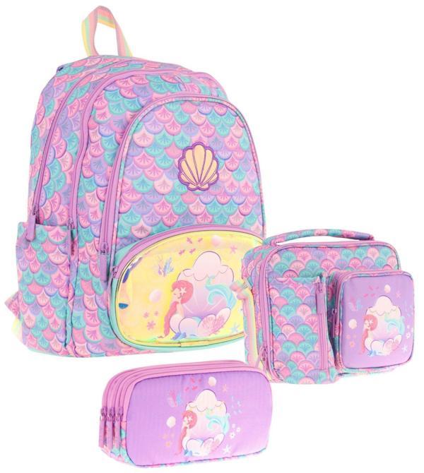 Kaukko Kids Kız Çocuklara Özel (Pembe Yeşil - Denizkızı Nakışlı ve Baskılı) Üçlü Okul Çantası Seti - Image 1