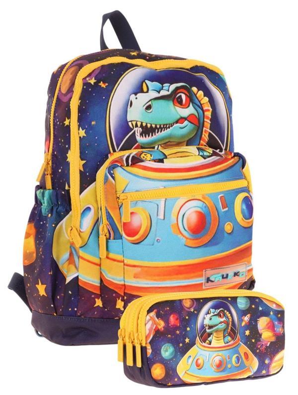 Kaukko Kids Layer Erkek Çocuk Okul Çantası + Kalem Çantası Seti (Mavi Sarı - Astronot Dinazor) - Image 1