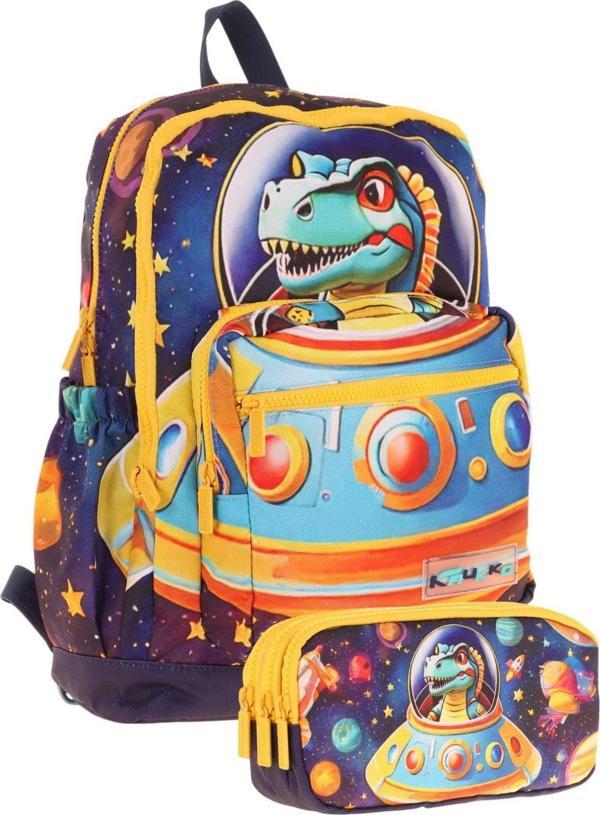 Kaukko Kids Layer Erkek Çocuk Okul Çantası + Kalem Çantası Seti (Mavi Sarı - Astronot Dinazor) - Image 1