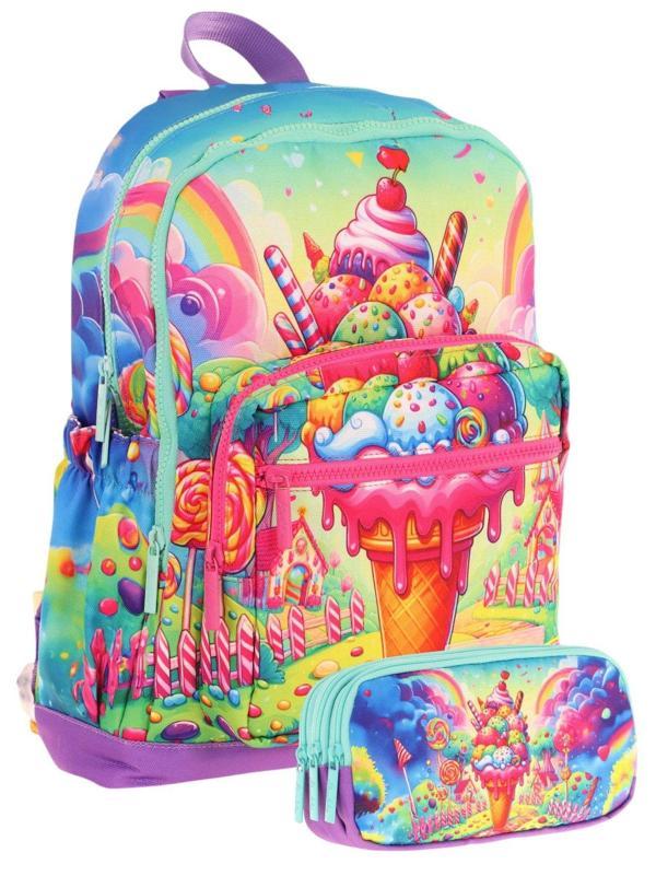 Kaukko Kids Layer Kız Çocuk Okul Çantası + Kalem Çantası Seti (Kırmızı Mavi - Dondurma) - Image 1