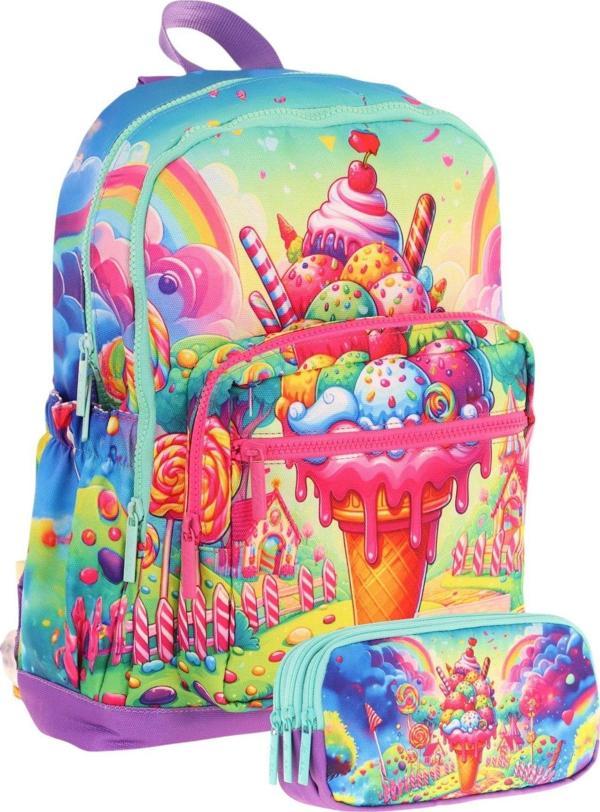 Kaukko Kids Layer Kız Çocuk Okul Çantası + Kalem Çantası Seti (Kırmızı Mavi - Dondurma) - Image 1