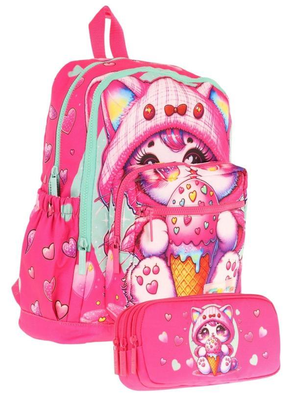 Kaukko Kids Layer Kız Çocuk Okul Çantası + Kalem Çantası Seti (Pembe - Dondurma Yiyen Kedi) - Image 1
