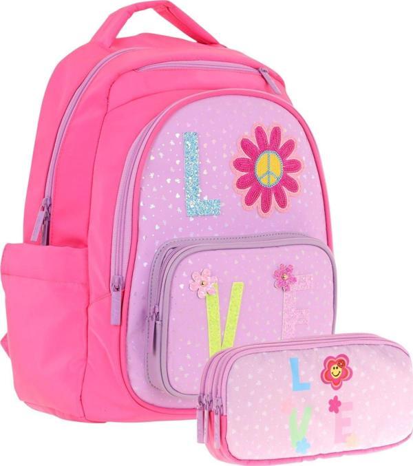 Kaukko Kids Simli Love Desenli Kız Çocuk Okul Çantası ve Üç Gözlü Kalem Çantası Seti (L5211+L8211) - Image 1