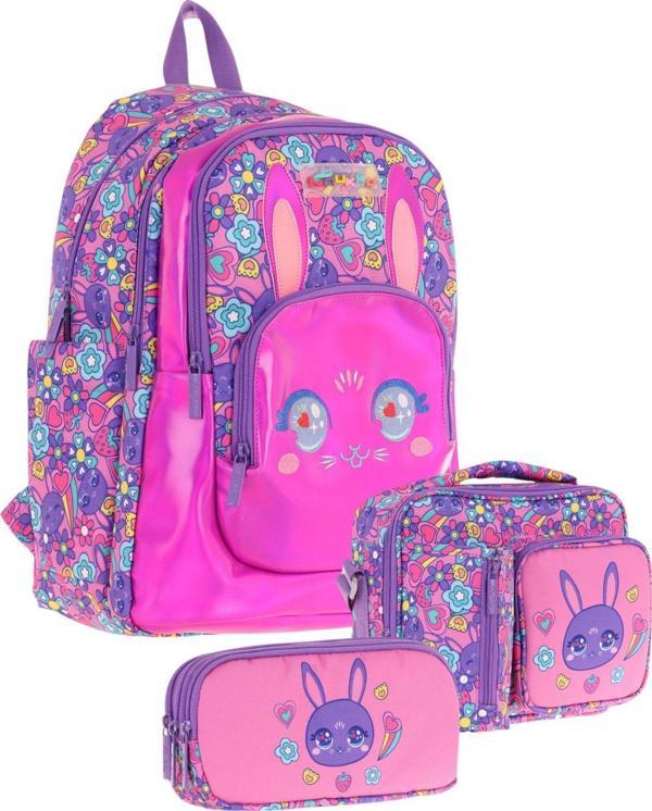 Kaukko Kids Tavşan Şekilli (Mor Pembe) Kız Çocuk Üçlü İlkokul Okul Çantası Seti - Image 1