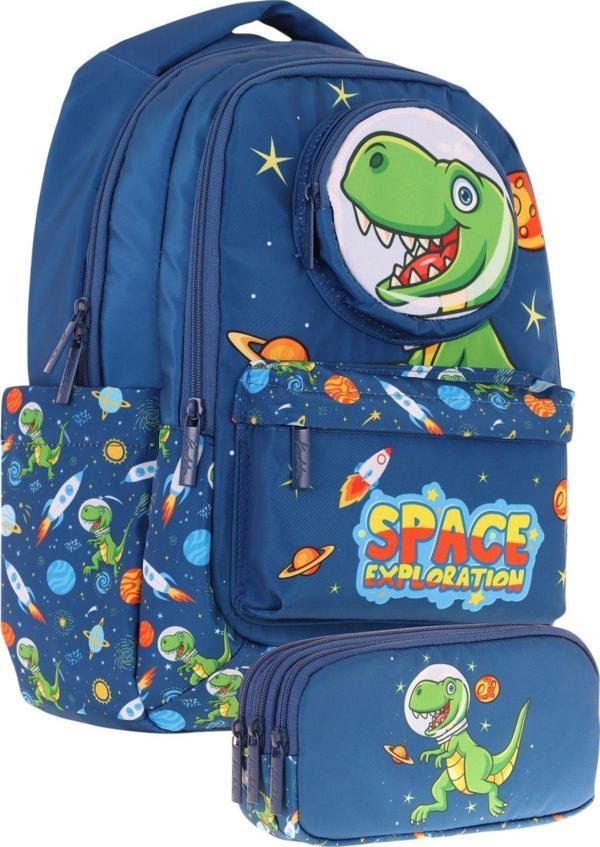 Kaukko Kids Toys Erkek Çocuk Lacivert 3D Dinazor Şekilli İlkokul Çantası ve Kalemlik Seti (L5252+L8252) - Image 1