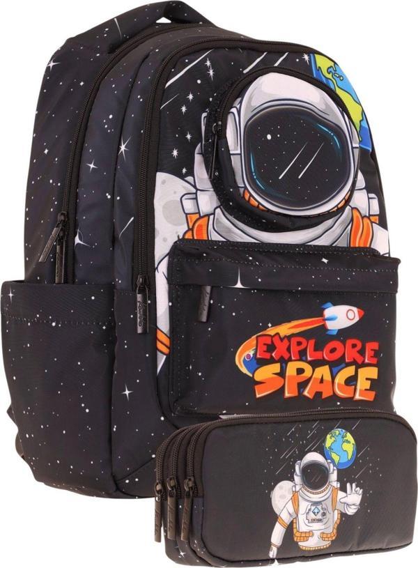 Kaukko Kids Toys Erkek Çocuk Siyah 3D Astronot Şekilli İlkokul Çantası ve Kalemlik Seti (L5253+L8253) - Image 1
