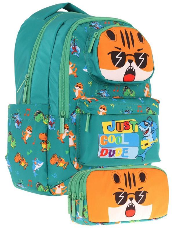 Kaukko Kids Toys Erkek Çocuk Yeşil 3D Aslan Şekilli İlkokul Çantası ve Kalemlik Seti (L5254+L8254) - Image 1