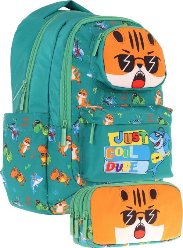 Kaukko Kids Toys Erkek Çocuk Yeşil 3D Aslan Şekilli İlkokul Çantası ve Kalemlik Seti (L5254+L8254) - Image 1