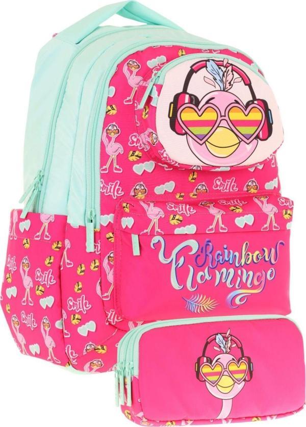 Kaukko Kids Toys Kız Çocuk Kırmızı Yeşil 3D Flamingo Şekilli İlkokul Çantası ve Kalemlik Seti (L5235+L8235) - Image 1