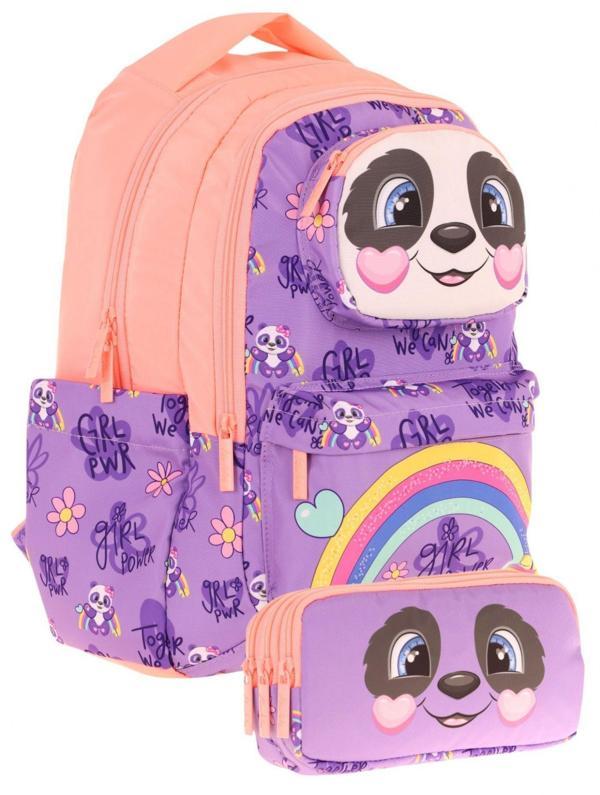 Kaukko Kids Toys Kız Çocuk Mor Somon 3D Panda Şekilli İlkokul Çantası ve Kalemlik Seti (L5233+L8233) - Image 1