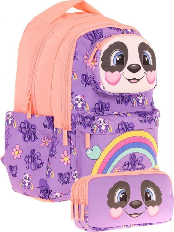 Kaukko Kids Toys Kız Çocuk Mor Somon 3D Panda Şekilli İlkokul Çantası ve Kalemlik Seti (L5233+L8233) - Image 1
