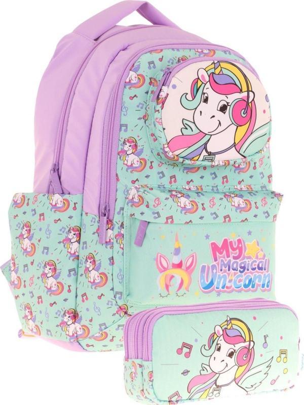 Kaukko Kids Toys Kız Çocuk Turkuaz 3d Unicorn Şekilli İlkokul Çantası ve Kalemlik Seti (L5234+L8234) - Image 1