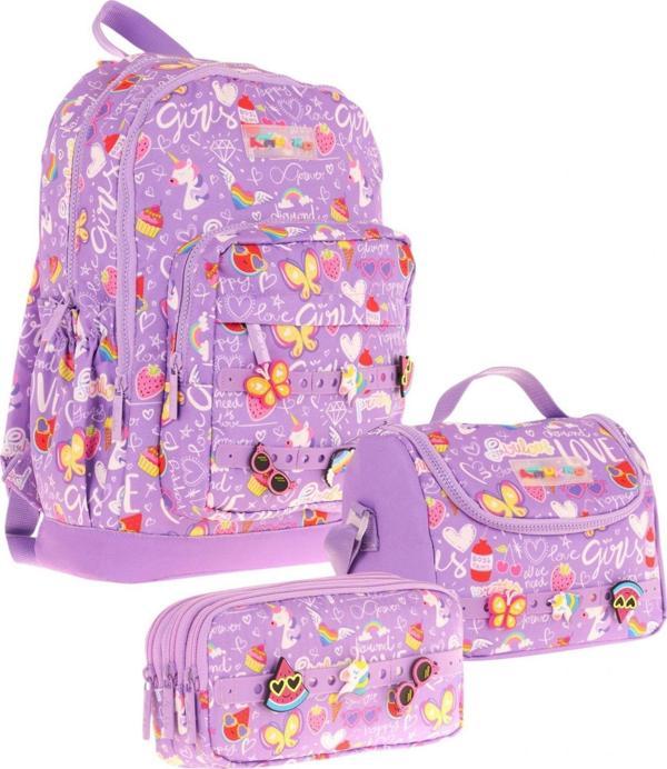 Kaukko Kids Üçlü İlkokul 1.2.3.4. Sınıf Okul Çanta Seti - Mor - Kız Çocuk - Silikon Aksesuarlı - Image 1