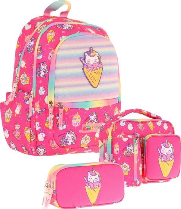 Kaukko Kids Üçlü Kız Çocuk İlkokul Okul Çantası Seti (L5227+L7227+L8227) Pembe - Kauçuk Dondurma - Image 1